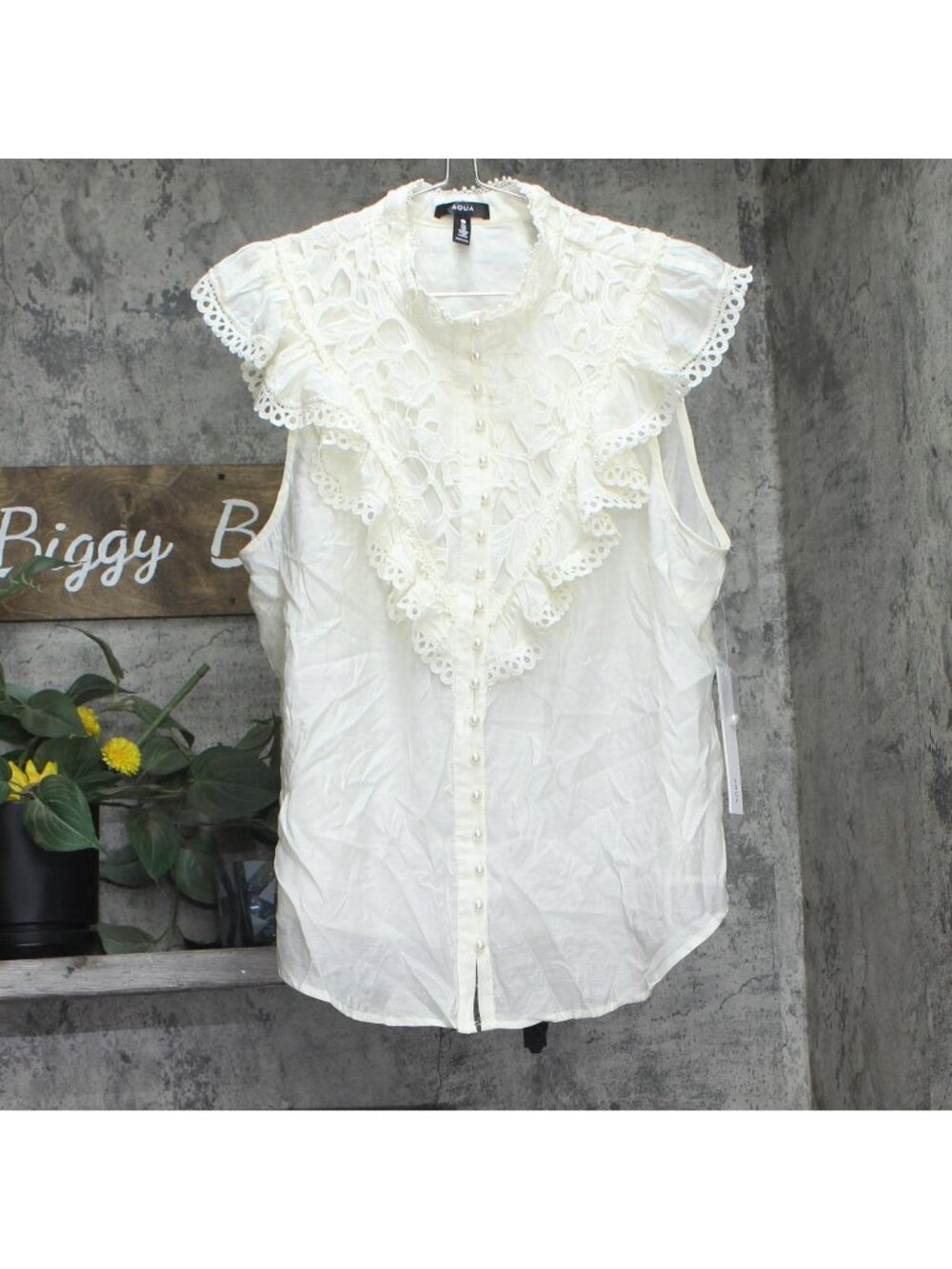 Aqua Womens Button Front Lace Flutter Sleeve Top IBO26550 Ivory Off White XXL